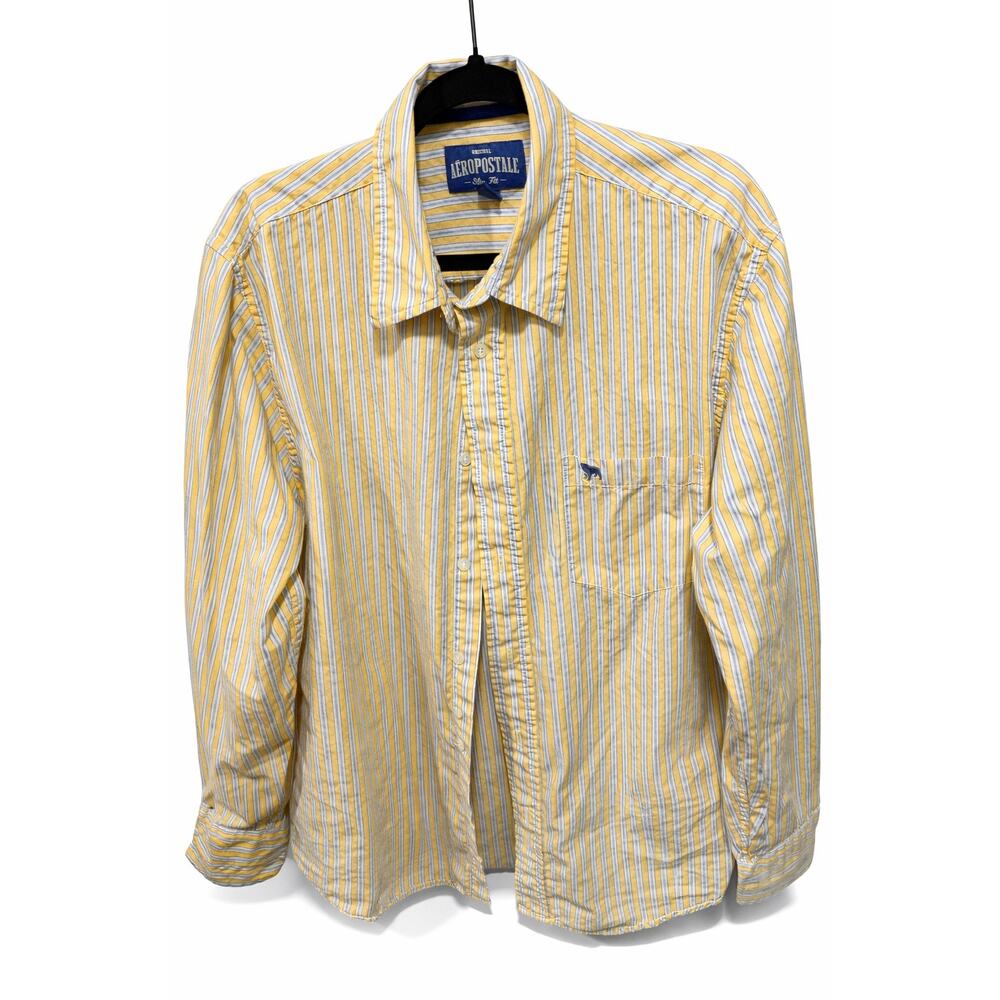 Aeropostale Large Yellow Stripe Shirt Preppy Y2K Normcore Summer Coastal Luxe